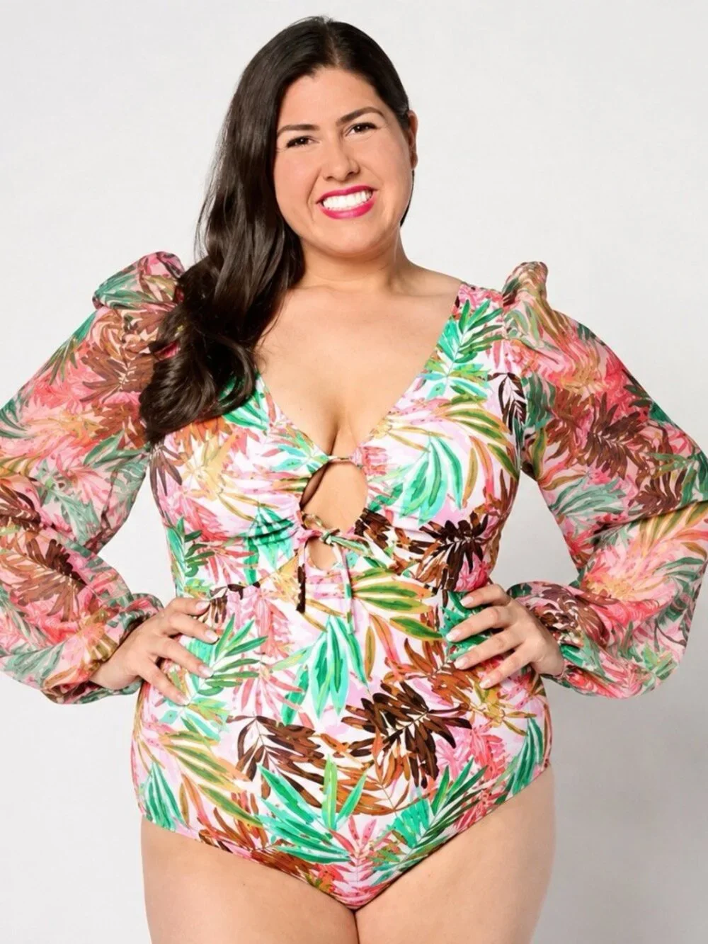 Kim Gravel x Swimsuits For All Size 18 W Chiffon Sleeve One-Piece Daquiri Palm